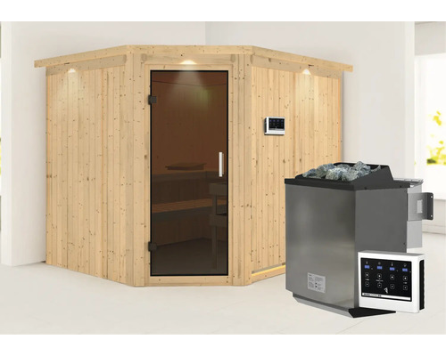 Elementsauna Karibu Malina inkl. 9 kW Bio Ofen u.ext.Steuerung mit Dachkranz und graphitfarbiger Ganzglastüre