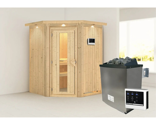 Elementsauna Karibu Callinan inkl. 9 kW Ofen u.ext.Steuerung mit Dachkranz und Holztüre mit Isolierglas wärmegedämmt