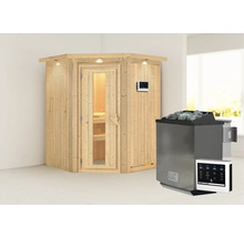 Elementsauna Karibu Callinan inkl. 9 kW Bio Ofen u.ext.Steuerung mit Dachkranz und Holztüre mit Isolierglas wärmegedämmt