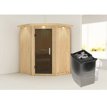 Elementsauna Karibu Callinan inkl. 9 kW Ofen u.integr.Steuerung mit Dachkranz und graphitfarbeneer Ganzglastüre