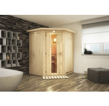 Elementsauna Karibu Callinan ohne Ofen mit Dachkranz und Holztüre mit Isolierglas wärmegedämmt