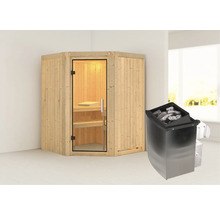 Elementsauna Karibu Callinan inkl. 9 kW Ofen u.integr.Steuerung ohne Dachkranz mit Ganzglastüre aus Klarglas