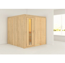 Holzsauna mit Glastür in einem hellen Raum