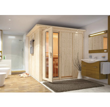 Elementsauna Karibu Rodina ohne Ofen mit Dachkranz und Holztüre mit Isolierglas wärmegedämmt