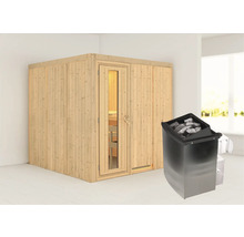Elementsauna Karibu Rodina inkl. 9 kW Ofen u.integr.Steuerung ohne Dachkranz mit Holztüre und Isolierglas wärmegedämmt