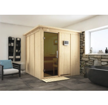 Elementsauna Karibu Rodina inkl. 9 kW Ofen u.ext.Steuerung mit Dachkranz und graphitfarbeneer Ganzglastüre