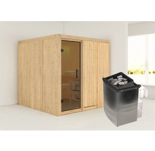 Holzsauna mit Glastür und Saunaofen