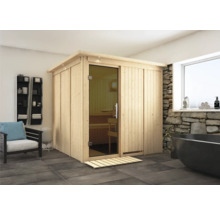 Elementsauna Karibu Rodina ohne Ofen mit Dachkranz und graphitfarbeneer Ganzglastüre