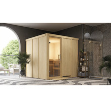 Elementsauna Karibu Rodina inkl. 9 kW Ofen u.integr.Steuerung ohne Dachkranz mit Ganzglastüre aus Klarglas