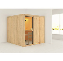 Elementsauna Karibu Rodina ohne Ofen und Dachkranz mit bronzierter Ganzglastüre