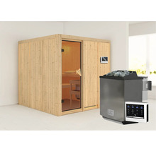 Holzsauna mit Glastür und Saunaofen