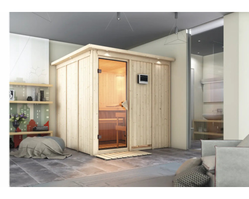 Elementsauna Karibu Rodina inkl. 9 kW Bio Ofen u.ext.Steuerung und Dachkranz mit bronzierter Ganzglastüre Elementsauna Karibu Rodina inkl. 9 kW Bio Ofen u.ext.Steuerung und Dachkranz mit bronzierter Ganzglastüre