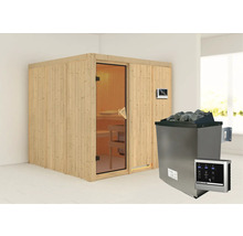 Elementsauna Karibu Rodina inkl. 9 kW Ofen u.ext.Steuerung ohne Dachkranz mit bronzierter Ganzglastür