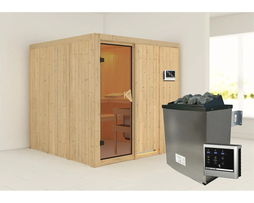 Elementsauna Karibu Rodina inkl. 9 kW Ofen u.ext.Steuerung ohne Dachkranz mit bronzierter Ganzglastür Elementsauna Karibu Rodina inkl. 9 kW Ofen u.ext.Steuerung ohne Dachkranz mit bronzierter Ganzglastür