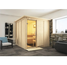 Elementsauna Karibu Rodina ohne Ofen mit Dachkranz und Ganzglastüre aus Klarglas