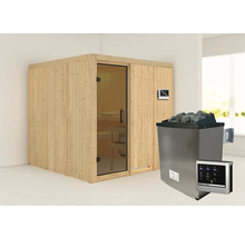 Holzsauna mit Glastür, Saunaofen und Steuerung