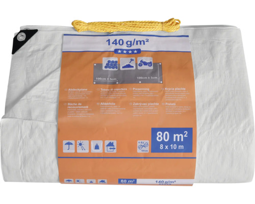 Weiße Abdeckplane mit gelbem Seil und Produktinformationen