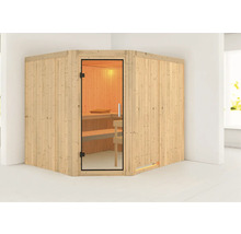Ecksauna mit Glastür und Holzverkleidung