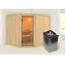 Elementsauna Karibu Malina inkl. 9 kW Ofen u.integr.Steuerung ohne Dachkranz mit Ganzglastüre aus Klarglas
