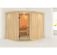Ecksauna aus Holz mit Glastür und Innenbeleuchtung.