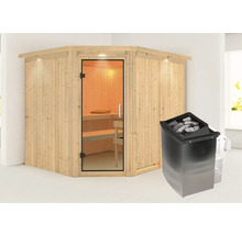 Ecksauna mit Glastür und Saunaofen mit Steinen