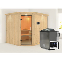 Elementsauna Karibu Malina inkl. 9 kW Bio Ofen u.ext.Steuerung mit Dachkranz und Ganzglastüre aus Klarglas
