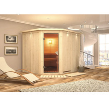 Innensauna aus Holz mit Glastür in hellem Raum
