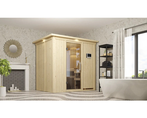 Plug & Play Sauna Karibu Wanja inkl. 3,6 kW Ofen u.ext.Steuerung mit Dachkranz und Ganzglastüre aus Klarglas Plug & Play Sauna Karibu Wanja inkl. 3,6 kW Ofen u.ext.Steuerung mit Dachkranz und Ganzglastüre aus Klarglas