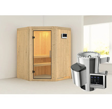 Holzsauna mit Glastür und Saunaofen