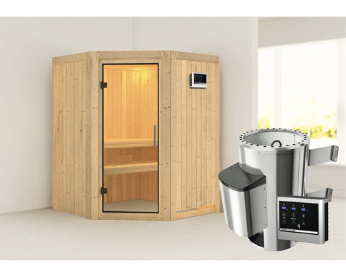 Plug & Play Sauna Karibu Kanja inkl. 3,6 kW Ofen u.ext.Steuerung ohne Dachkranz mit Ganzglastüre aus Klarglas