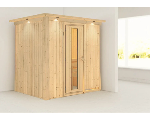 Plug & Play Sauna Karibu Wanja ohne Ofen mit Dachkranz und Holztüre mit Isolierglas wärmegedämmt