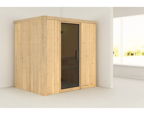 Plug & Play Sauna Karibu Wanja ohne Ofen und Dachkranz mit graphitfarbiger Ganzglastüre
