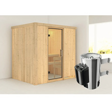Plug & Play Sauna Karibu Wanja inkl. 3,6 kW Ofen u.integr.Steuerung ohne Dachkranz mit Ganzglastüre aus Klarglas