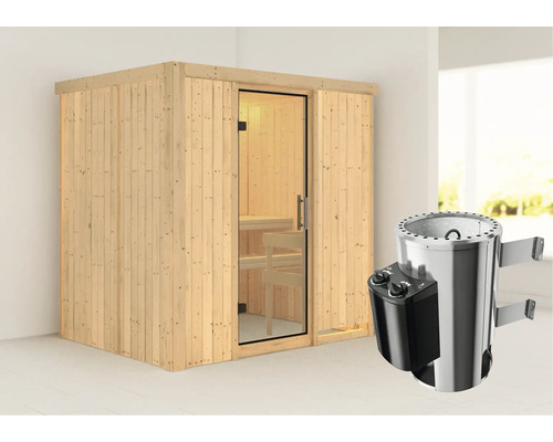 Plug & Play Sauna Karibu Wanja inkl. 3,6 kW Ofen u.integr.Steuerung ohne Dachkranz mit Ganzglastüre aus Klarglas Plug & Play Sauna Karibu Wanja inkl. 3,6 kW Ofen u.integr.Steuerung ohne Dachkranz mit Ganzglastüre aus Klarglas