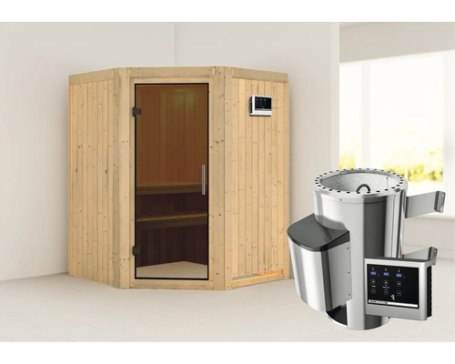 Plug & Play Sauna Karibu Kanja inkl. 3,6 kW Ofen u.ext.Steuerung ohne Dachkranz mit graphitfarbiger Ganzglastüre