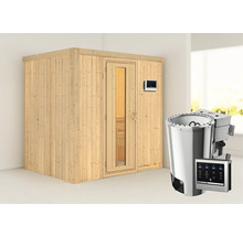Sauna aus Holz mit Saunaofen und Steuerung