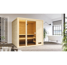 Innenraumsauna aus Holz mit Glastür im Badezimmer