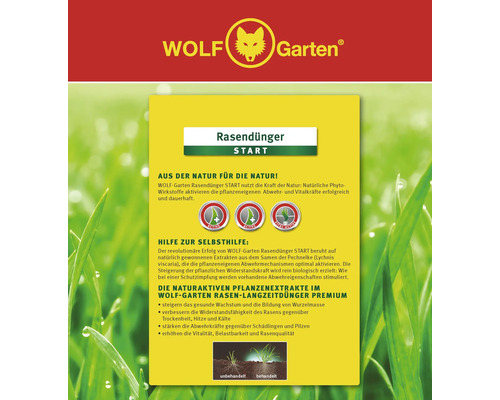 Wolf Garten Logo, Rasendünger Start Informationen mit Symbolen und Text.