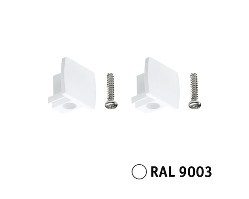 Zwei weiße Halterungen mit Schrauben