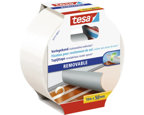Tesa Verlegeband für Teppichböden, rückstandsfrei entfernbar, 10 Meter x 50 Millimeter