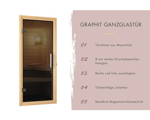 Saunatür mit Massivholzrahmen und Graphit Ganzglastür