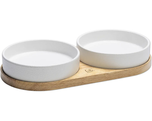 Doppelnapf Designed by Lotte Dinnerset Katze Lojs Holznapfständer ca. 34 x 17 x 5 cm mit 2 Keramiknäpfen, spülmaschinenfest ca. 16 x 16 x 3,5 cm, je 350 ml Doppelnapf für Haustiere mit Holztablett