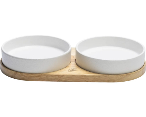 Doppelter Hundenapf aus Keramik mit Holztablett