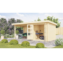 Holzgartenhaus mit überdachter Terrasse und geöffneter Doppeltür