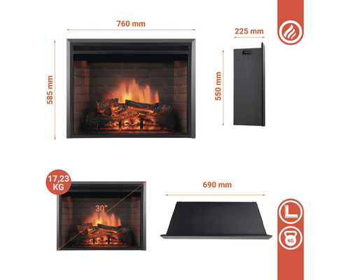 Abmessungen eines elektrischen Kamins mit Holzeffekt