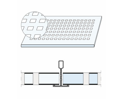 Rasterdecke mit quadratischen Aussparungen und Montagezeichnung