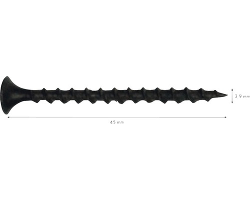 Schwarze Holzschraube, 45 Millimeter lang und 3,9 Millimeter breit