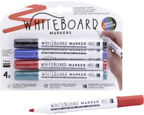 Verpackung mit vier Whiteboard Markern in den Farben Schwarz, Blau, Rot und Türkis