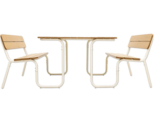 Gartentischgruppe mit zwei Stühlen aus Holz und Metall