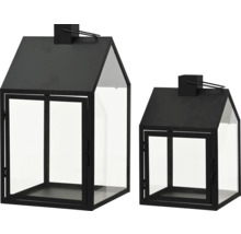 Zwei schwarze Hauslaternen aus Metall und Glas